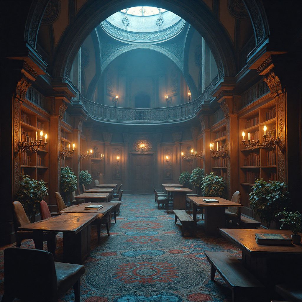 Ancient library filled with magical tomes and rune inscriptions