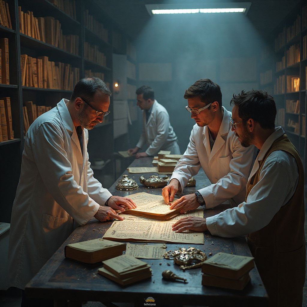 Diverse team of researchers collaborating on arcane studies